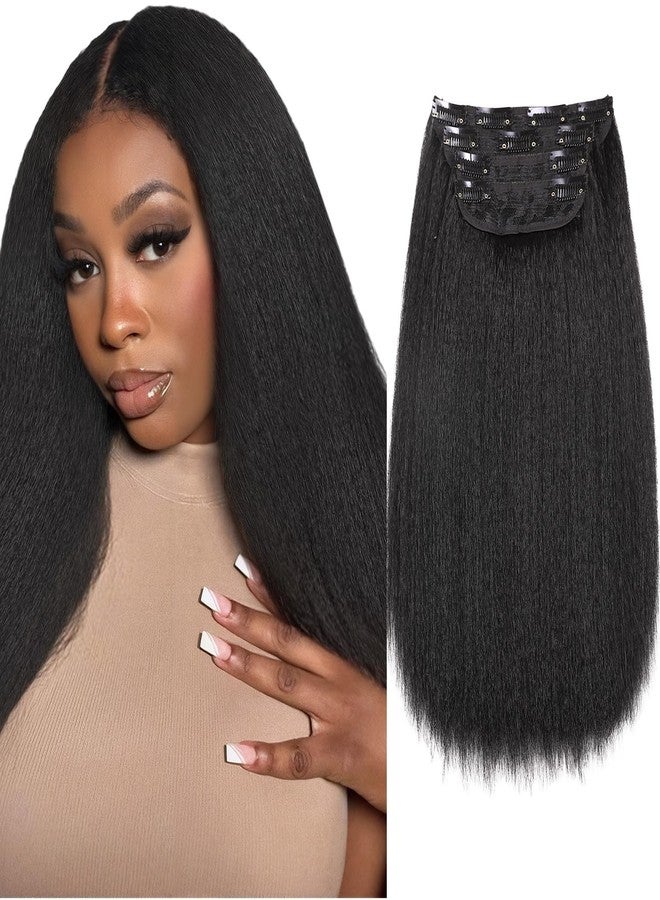 HANNE Kinky Straight Clip ins Hair Extensions Natural Black Full Head Yaki Straight Seamless Clip in Synthetic Hair Pieces for Women (Black, 14 Inch) - Image 1